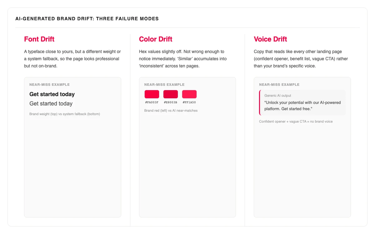 Three-column diagram: Font Drift (wrong typeface weight), Color Drift (near-match hex values), Voice Drift (generic landing-page copy).