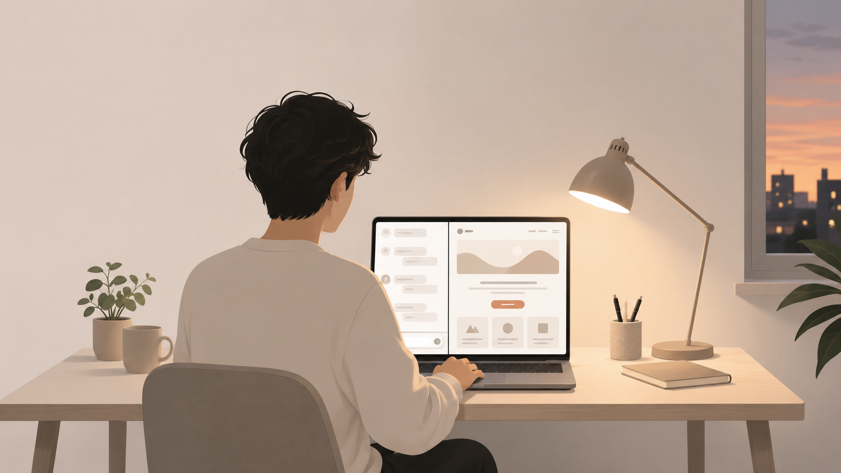 A solo founder at a laptop in the evening — a chat window open on one half of the screen, a clean published landing page without a designer on the other. Light palette. No Figma, no visual editor visible.