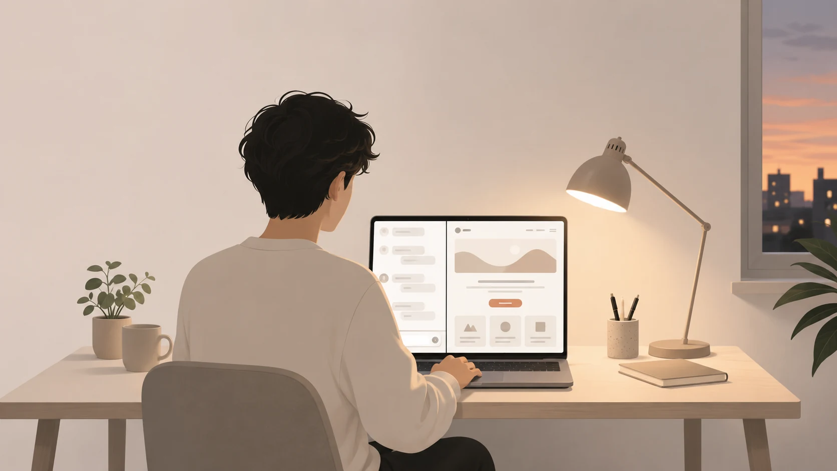 A solo founder at a laptop in the evening, a chat window open on one half of the screen, a clean published landing page without a designer on the other. Light palette. No Figma, no visual editor visible.
